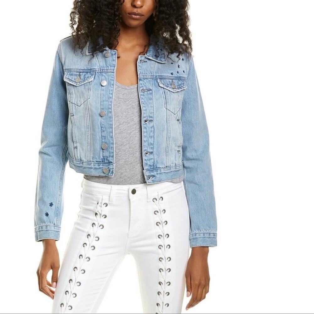 NWT Neon Blonde Star Embroidered Cropped Denim Trucker Jacket Small
